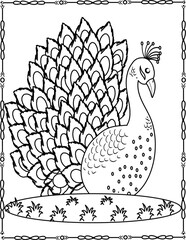 Beautiful Peacock Coloring Page. Elegant Bird Art for Kids and Adults.