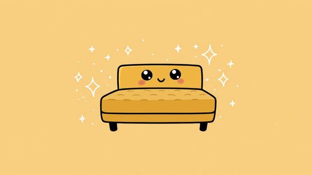 Cartoon yellow sofa with a cute face simple design on orange background