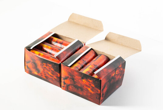 Packaging of flying circoblits fireworks on the table. Safety with pyrotechnics, close-up