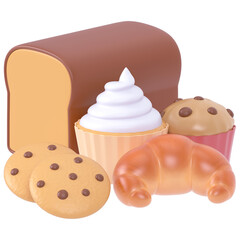 Pastries 3d render icon in cartoon plastic style minimal isolated on transparent white background	
