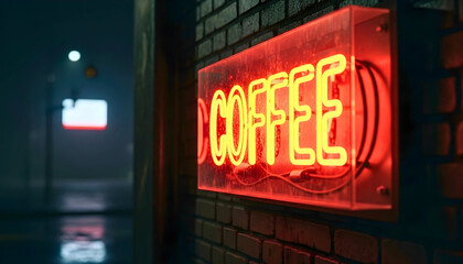 Atmospheric night scene of a vibrant red neon coffee sign glowing on a brick wall in a dark city alley