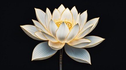 Digital Lotus with White Petals and Gold Outline on Black Background (AI-generated)
