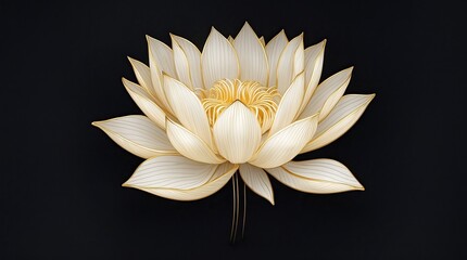 Digital Lotus with White Petals and Gold Outline on Black Background (AI-generated)