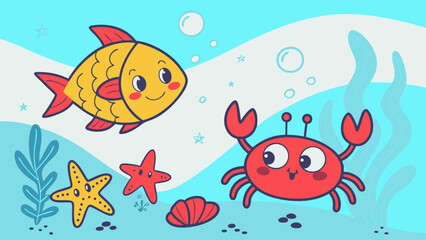 Cute Underwater Friends – Cartoon Fish, Starfish, and Crab with Happy Faces | Adorable Ocean Illustration for Kids and Nursery Decor