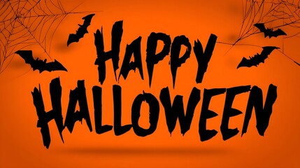 Halloween greeting card with Happy Halloween text spooky web bats pumpkin orange and black vector