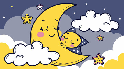 Cute Sleeping Moon with Stars – Adorable Cartoon Night Sky Illustration | Kawaii Moon Hugging Baby Stars | Nursery Decor and Children’s Art