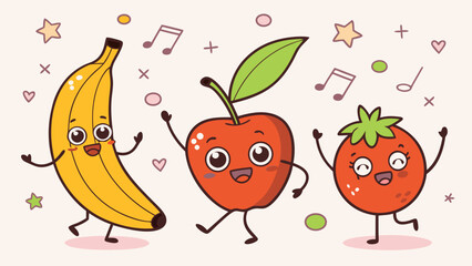 Cartoon Dancing Fruits – Cute Kawaii Banana, Apple, Orange with Happy Faces | Adorable Vector Illustration for Kids Fun and Nursery Art