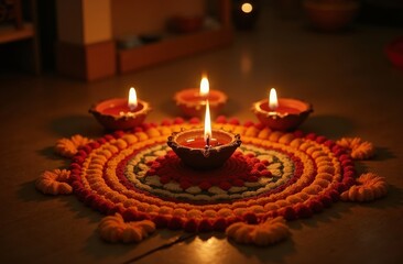 Traditional Clay Oil Lamps and Colorful Rangoli Pattern for Festival Celebration Illustration
