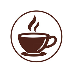 Obraz premium Simple brown coffee cup icon with steam in a circle. Hot drink logo for cafe or coffee shop