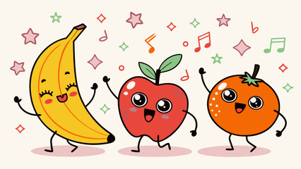 Cartoon Dancing Fruits – Cute Kawaii Banana, Apple, Orange with Happy Faces | Adorable Vector Illustration for Kids Fun and Nursery Art