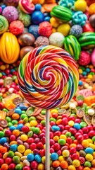Lollipop surrounded by colorful sweets in a vibrant candy shop display