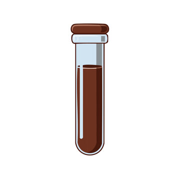 Test tube with brown liquid, laboratory glassware filled with chocolate liquid, container with stopper, experiment