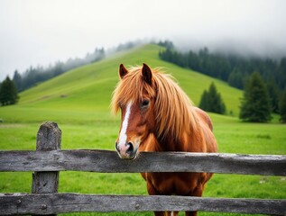 Brown horse standing near a wooden fence on a green mountain meadow. Peaceful countryside landscape with fog, pine trees, and calm natural atmosphere in early morning light.