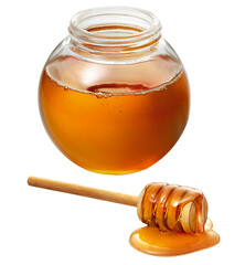 pote de vidro com mel  acompanhado de pegador de mal isolado em fundo transparente