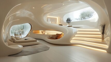 Futuristic organic interior design with flowing architecture and integrated lighting isolated on white background