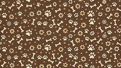 Seamless pattern with dog paw prints and bones on a brown background