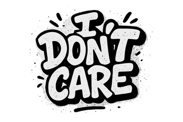 I don't care quote in urban graffiti style. Hand drawn lettering with spray paint texture. Concept of apathy, indifference, rebellion, and protest. Vector typography.