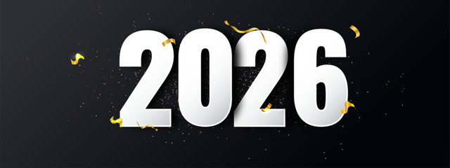 Happy new year 2026 background with golden ribbon on dark background