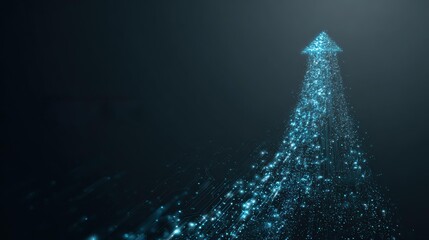 Futuristic 3D scene: glowing blue data points (circles & lines) ascend into a towering upward arrow, subtle circuit patterns, dark gray gradient backdrop, neon blue accents, data-driven progress tech 