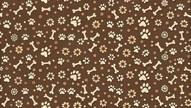 Seamless pattern with dog paw prints and bones on a brown background