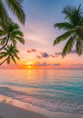 Tropical island paradise at twilight with vibrant sky reflections