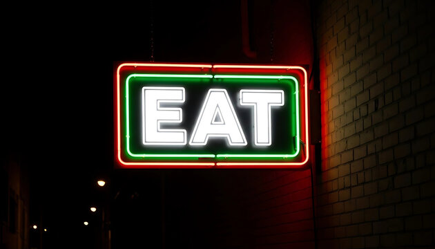 Retro Neon Sign Spelling 'EAT' Illuminates a Brick Wall at Night