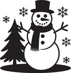 Black Silhouette of a Snowman with Scarf and Tree on White Background winter christmas