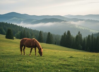 Brown horse grazing on a green meadow with misty mountains in the background. Peaceful rural landscape with soft light, pine trees, and natural calm atmosphere in early morning.