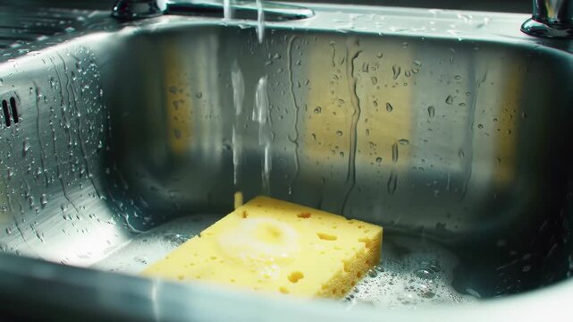 Stainless steel sink with wet walls and cleaning sponge closeup.