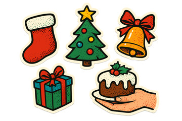 Set of Christmas stickers in vintage halftone style. Xmas retro illustration collection with tree, gift, bell, stocking and cake. Holiday paper cutout vector design elements.