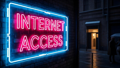 Neon Internet Access Sign on a Dark Urban Building Wall
