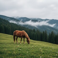 Brown horse grazing on a green mountain meadow with fog and pine forest in the background. Peaceful natural landscape with misty hills, calm atmosphere, and outdoor wilderness.