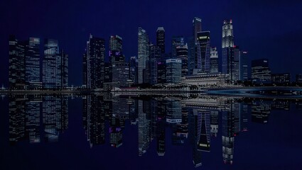 Naklejka premium Singapore City Skyline at Night with Water Reflections.