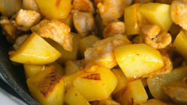 Cooked fried chicken and potatoes cooking in frying pan on kitchen. Culinary techniques, homemade preparing healthy meal cook meat vegetables food, organic cuisine from fresh ingredients.