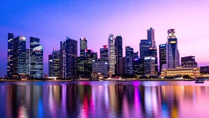 Fototapeta premium Singapore City Skyline with Colorful Twilight Reflections.