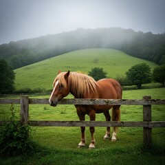 Brown horse with blonde mane standing behind wooden fence on a green meadow with foggy hills and trees. Peaceful countryside landscape with calm natural atmosphere and soft light.