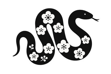 Modern Asian snake silhouette with plum flowers. Chinese New Year 2025 Year of the Snake zodiac animal. Minimalist serpent icon with sakura blossom pattern ornament vector.