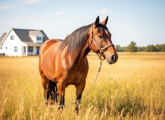 Brown horse standing in tall grass near a white farmhouse under blue sky. Peaceful rural landscape with summer light, countryside scenery, and calm natural atmosphere.