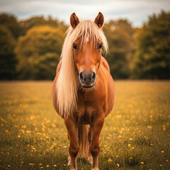 Brown pony with long blonde mane standing in a green field with yellow wildflowers. Peaceful countryside landscape with warm evening light and natural rural atmosphere.