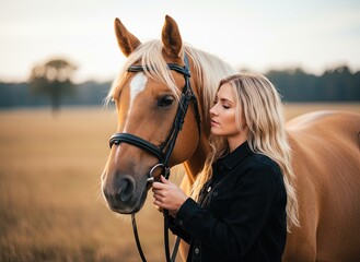 Woman standing with a palomino horse in a field at sunset. Peaceful countryside scene with warm golden light, gentle connection, and natural rural atmosphere in evening glow.