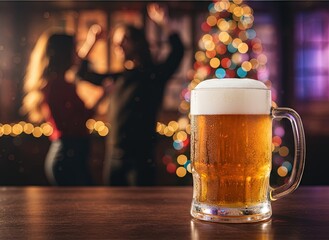 Glass of beer on a wooden table with Christmas tree and dancing people in the background. Warm festive atmosphere with golden lights, holiday celebration, and cozy evening mood.