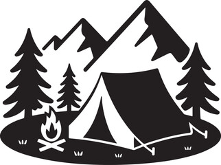 Black Silhouette of a Camping Scene with Tent Mountains Trees and Campfire on White Background vector