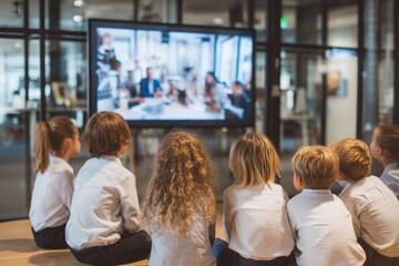 Children watching an online lesson in a modern classroom setting