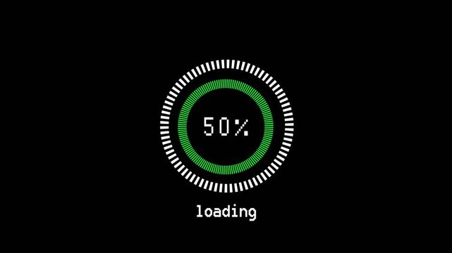 Loading Data HUD A circular green progress bar at 100% with segmented outer ticks, percentage displayed inside the circle, and the word "loading" below on a black background.