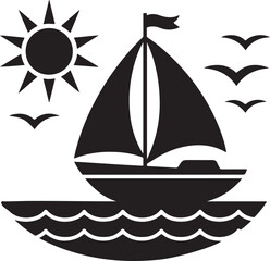 Black silhouette of a sailboat on wavy water under a sun with birds flying sailing ship