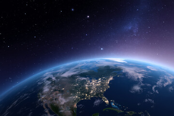 Obraz premium View of Earth during night from space showcasing city lights