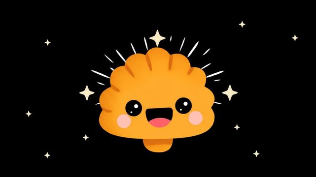 Smiling cartoon dumpling with starburst and twinkling stars on black background