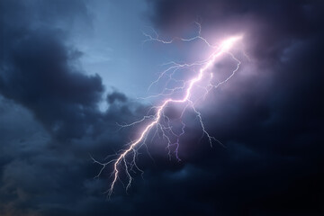 Lightning strikes dramatically in dark storm clouds above