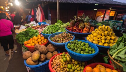 A vibrant outdoor market stall overflowing with a colorful assortment of fresh fruits and vegetables, including potatoes, oranges, limes, and exotic produce, under warm lighting.