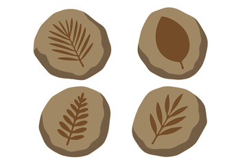 Prehistoric botanicals fossil set. Paleobotany leaves print on stones isolated on white. Archaeological and paleontology finds. Flat vector illustration collection of icons.
